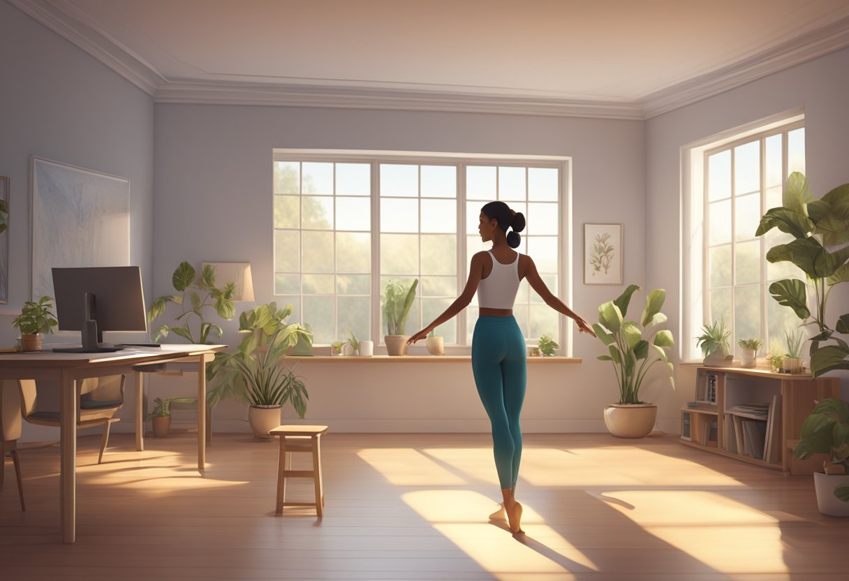 A dancer stands in front of a computer, watching a dance tutorial on the screen. The room is filled with natural light, creating a warm and inviting atmosphere for learning