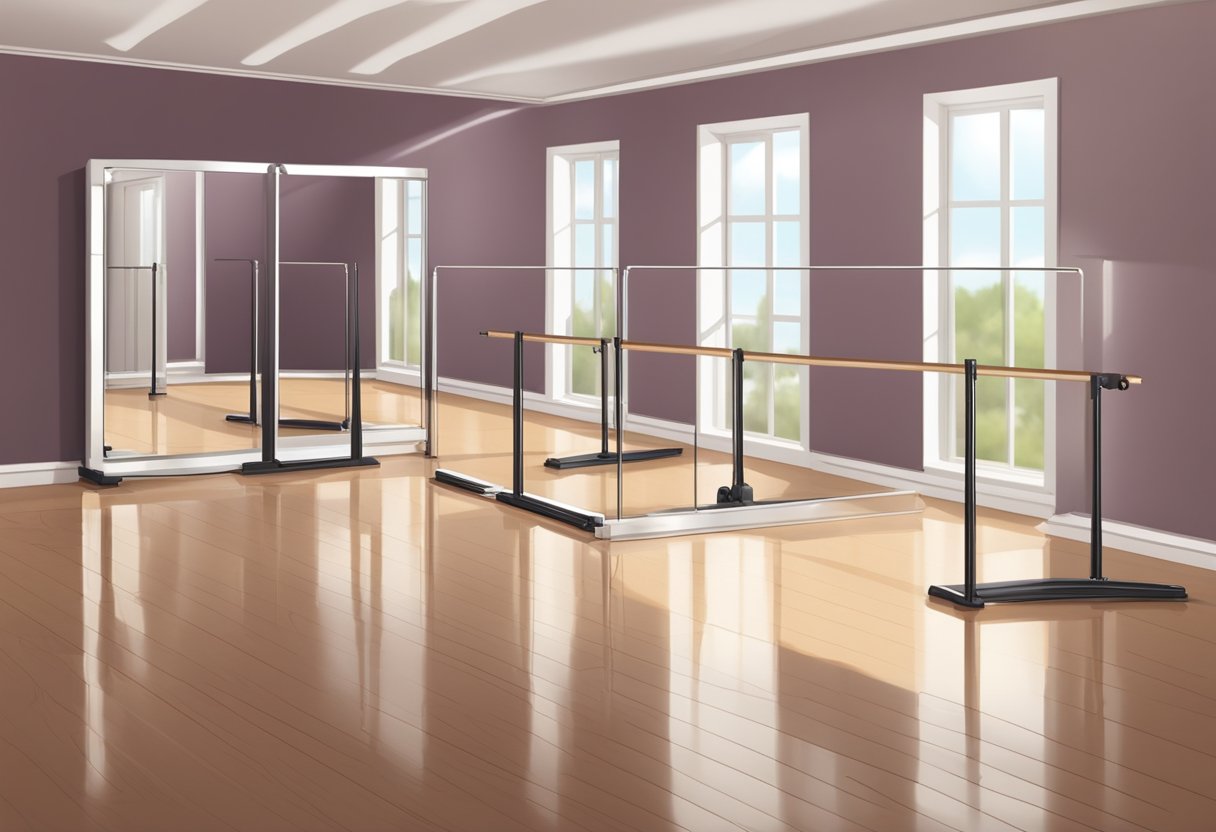 A spacious, well-lit dance studio with mirrors, ballet barres, and a polished wood floor. A laptop or tablet is set up on a stand, ready for online dance lessons