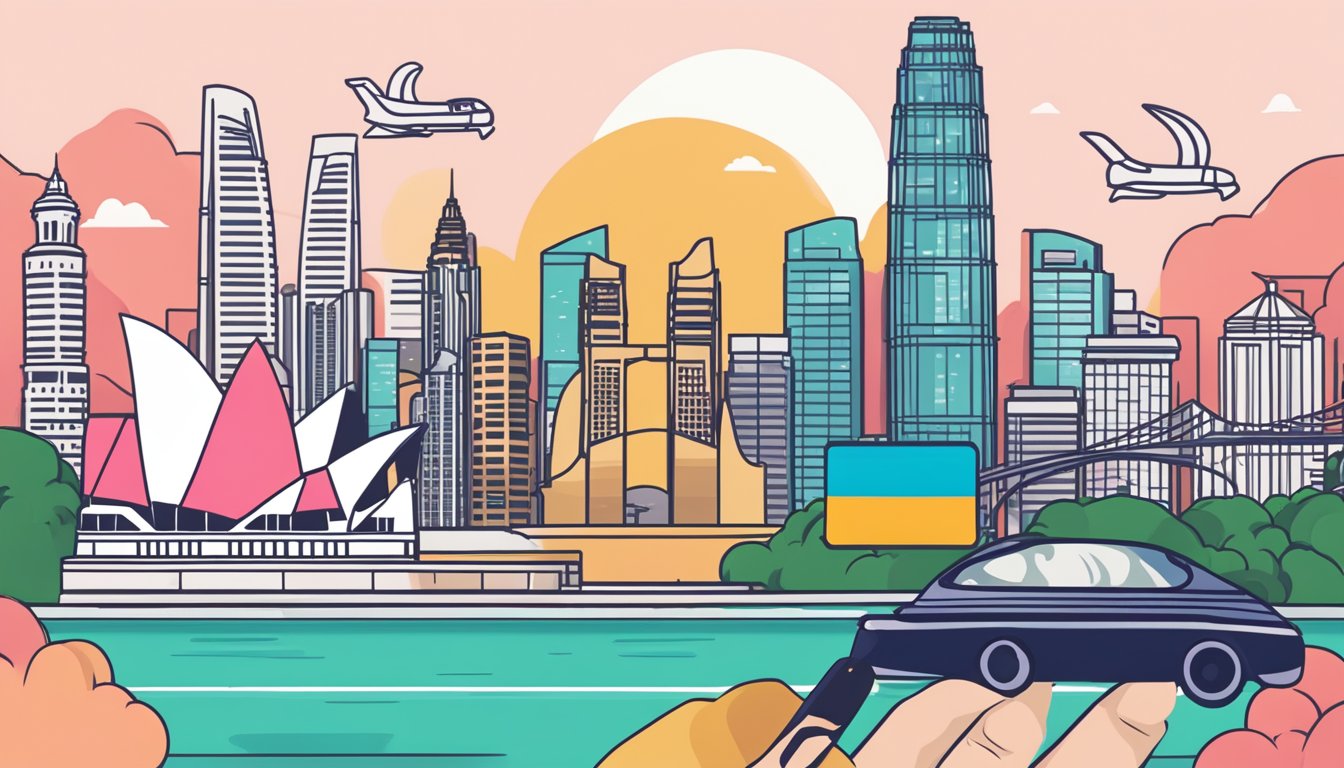 A hand holding a DBS Live Fresh credit card against a backdrop of iconic Singapore landmarks