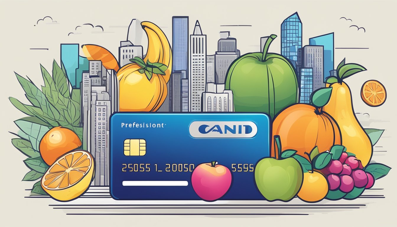 A vibrant credit card surrounded by fresh fruits, trendy shopping bags, and a bustling city skyline