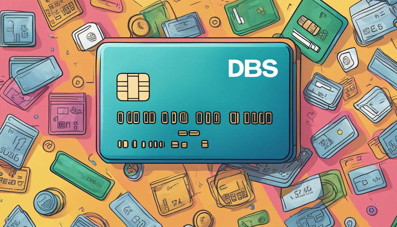 A vibrant credit card surrounded by icons representing eligibility criteria and fees, with the DBS Live Fresh logo prominently displayed