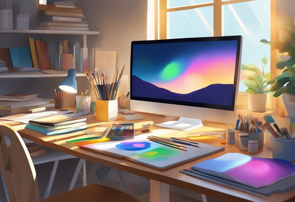 An artist's desk cluttered with brushes, paints, and sketchbooks. A computer displaying online art lessons. Sunlight streaming through a window, illuminating the creative space