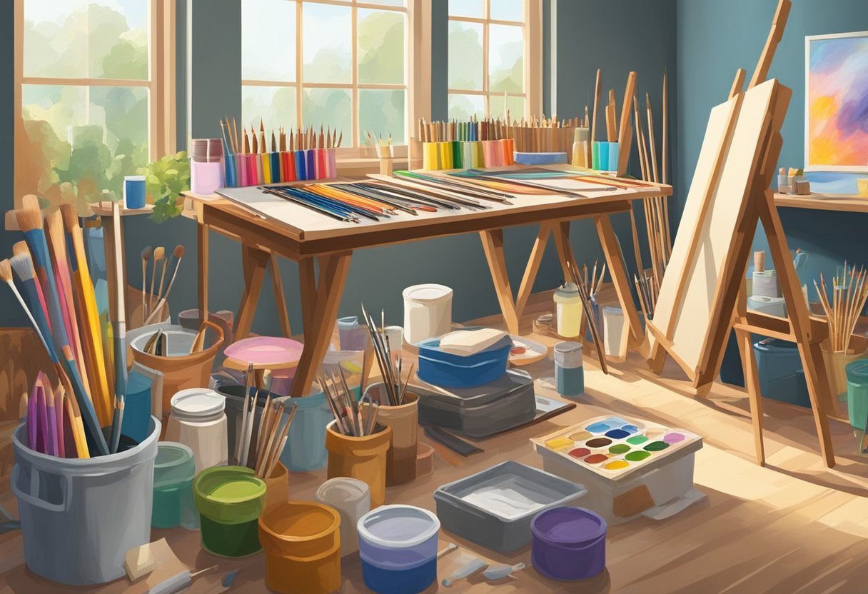 A colorful array of art supplies fills a well-lit studio space, with easels and canvases set up for painting, sculpting tools laid out for clay work, and a variety of drawing materials ready for sketching