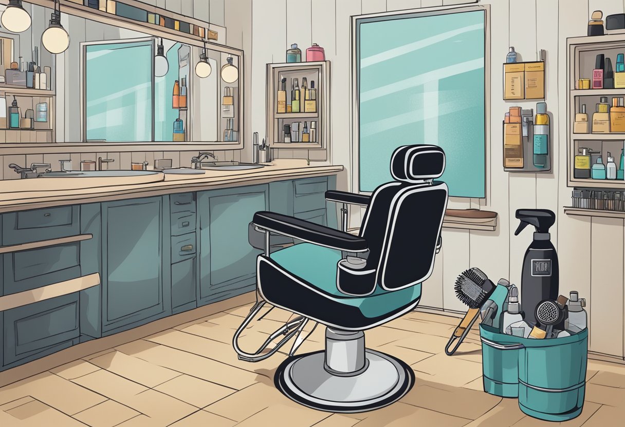 A salon chair with a hairdresser's tools and products, including a bottle labeled "nanoplastia hair treatment." A sign displaying potential risks and considerations is prominently displayed