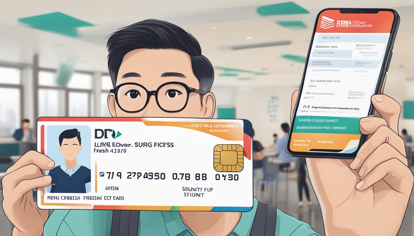 A student holding a dbs live fresh student card in Singapore, with eligibility and application details displayed