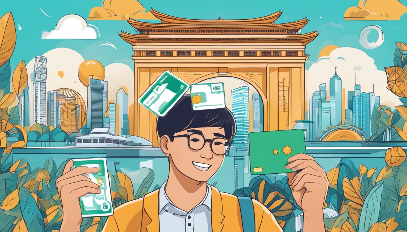 A student holds a DBS Live Fresh card, surrounded by rewards and cashback symbols, against a backdrop of iconic Singapore landmarks
