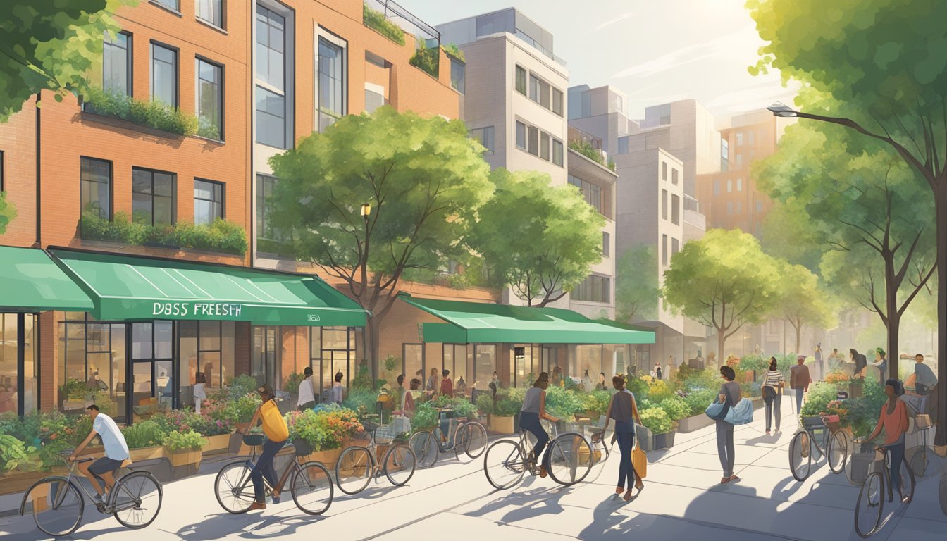A lush green cityscape with solar panels on rooftops, bicycles on clean streets, and a community garden with people using their DBS Live Fresh Student Cards to purchase local produce