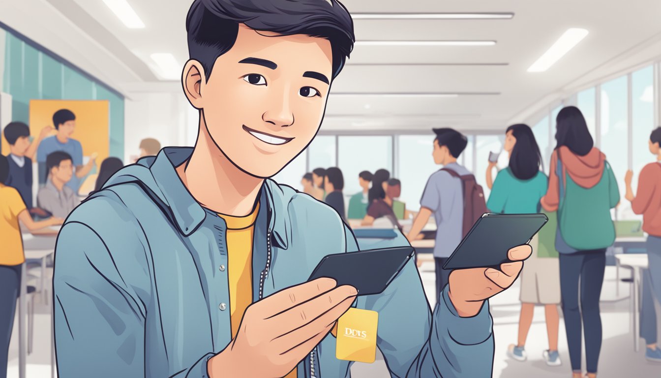 A student holding a dbs live fresh student card in Singapore, surrounded by frequently asked questions