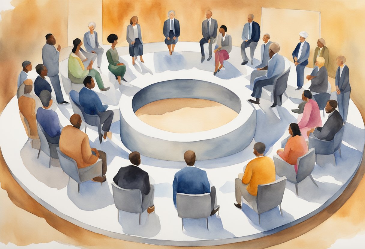 A circle of diverse figures surrounds a central podium, symbolizing support and guidance. Each figure represents a different perspective or expertise, creating a balanced and comprehensive advisory board