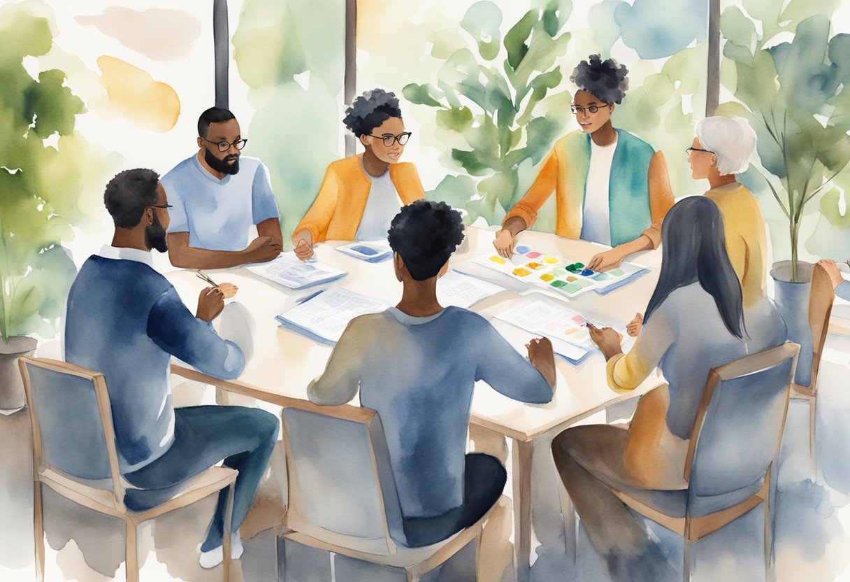 A diverse group of individuals gather around a table, exchanging ideas and offering support. A whiteboard displays key concepts and strategies for personal growth and development