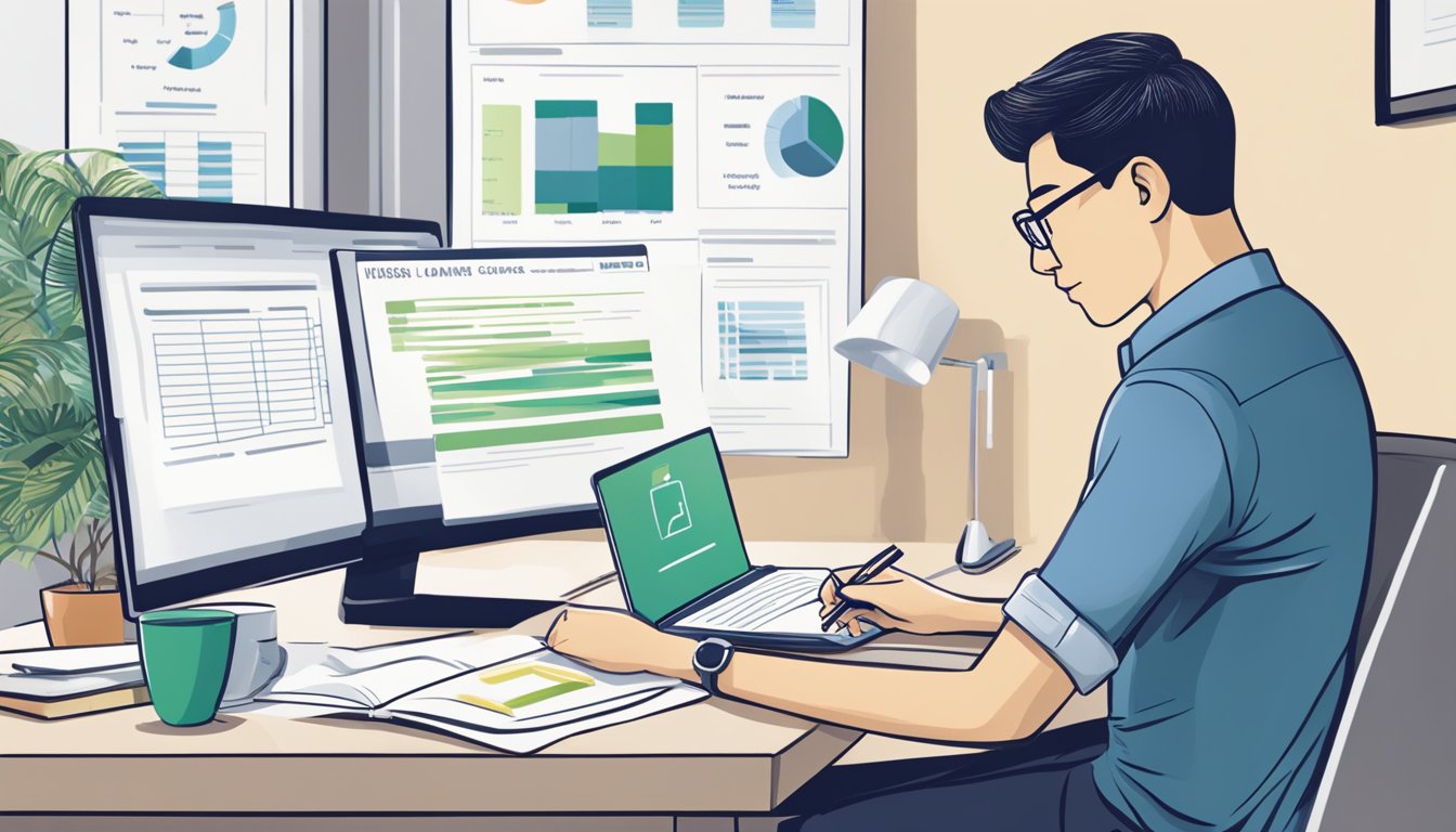 A person sits at a desk, reading a brochure titled "Understanding DBS Loans in Singapore." A laptop and calculator are nearby, with a pen and notepad for note-taking