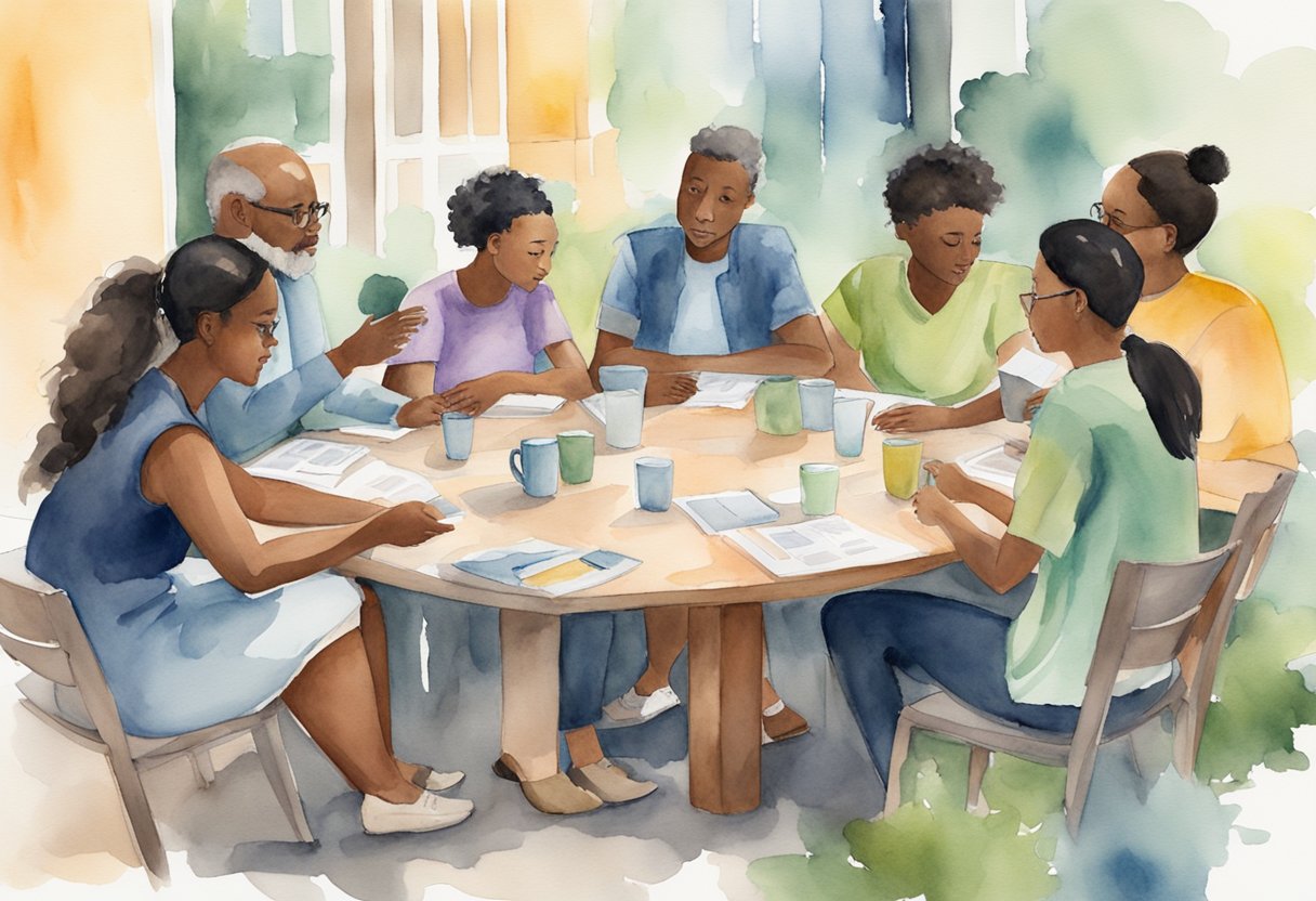 A group of diverse individuals sit around a table, engaged in lively discussion, sharing ideas and insights, with a focus on collaboration and problem-solving