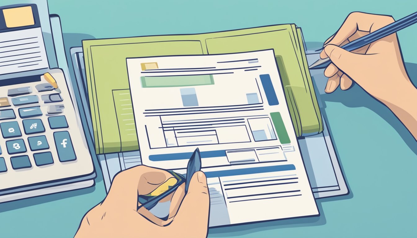 A person submitting documents for a loan, including ID, payslips, and bank statements, to check eligibility