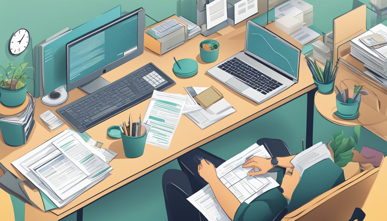 A person sitting at a desk, surrounded by paperwork and a computer, managing and repaying a loan for DBS in Singapore