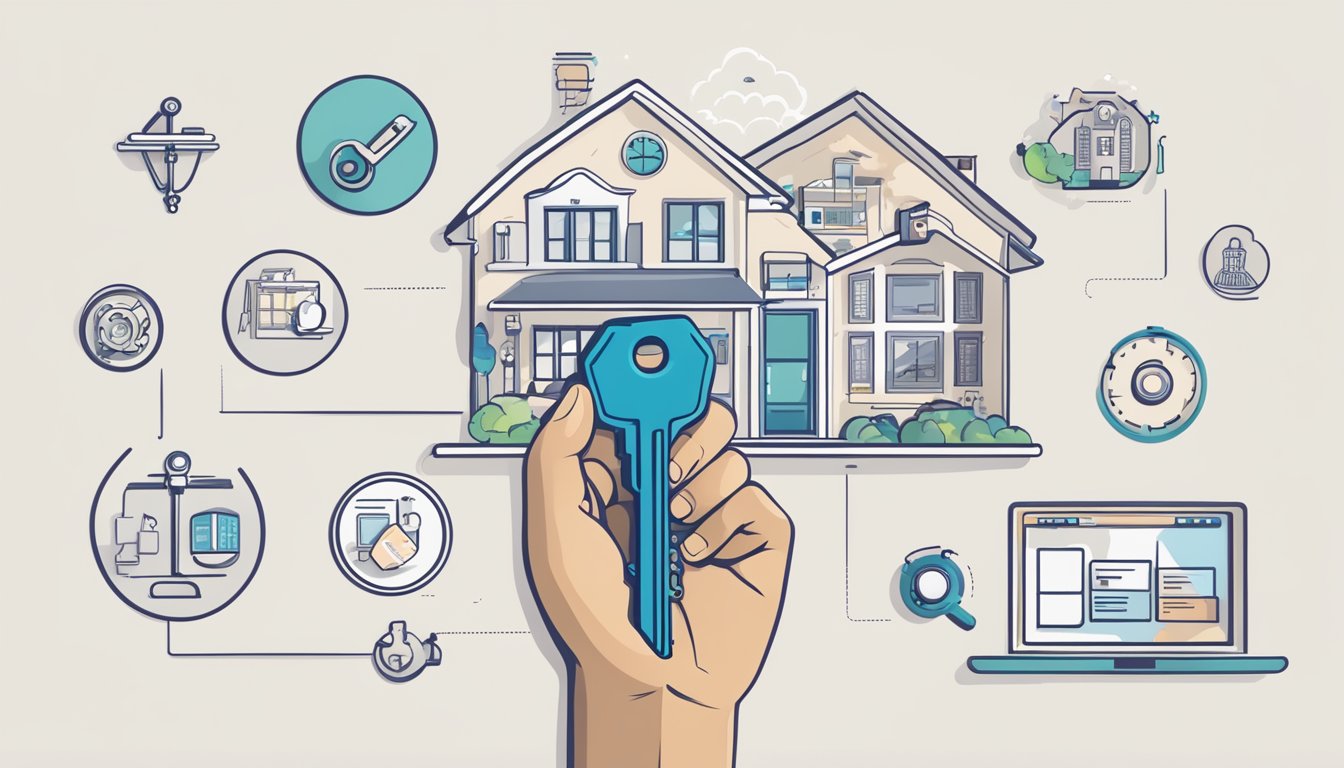 A hand holding a key with a house keychain, surrounded by icons of various benefits and services such as medical, education, and travel