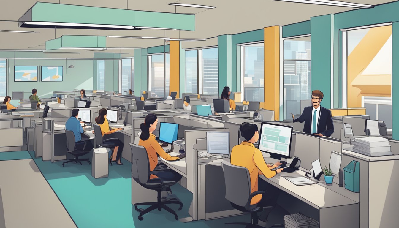 A customer service representative answering questions about DBS loans in a busy office setting