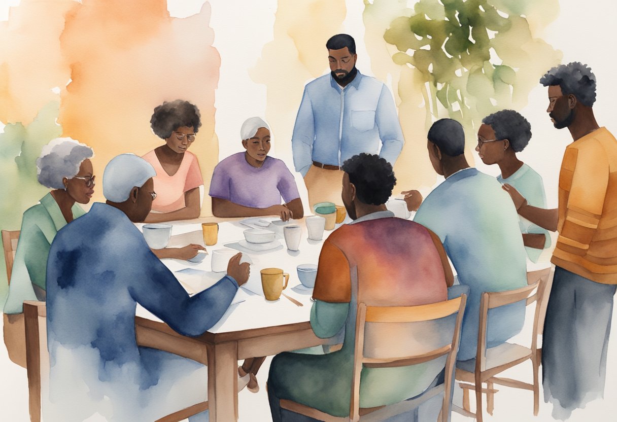 A group of diverse individuals gathered around a table, engaged in deep conversation and sharing ideas. A sense of collaboration and support is evident as they work together to build and maintain strong relationships