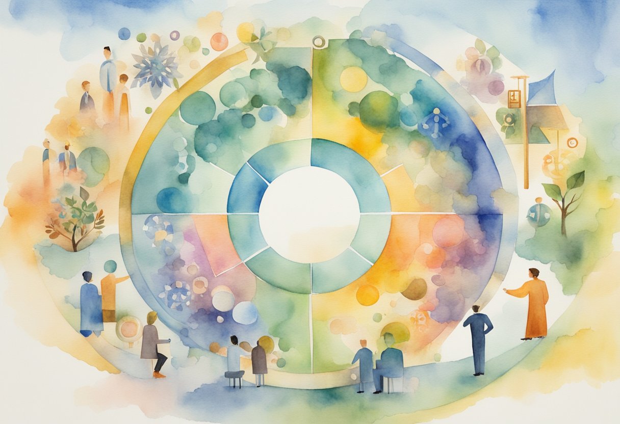 A circle of diverse symbols representing communication tools and strategies, surrounded by advisory figures