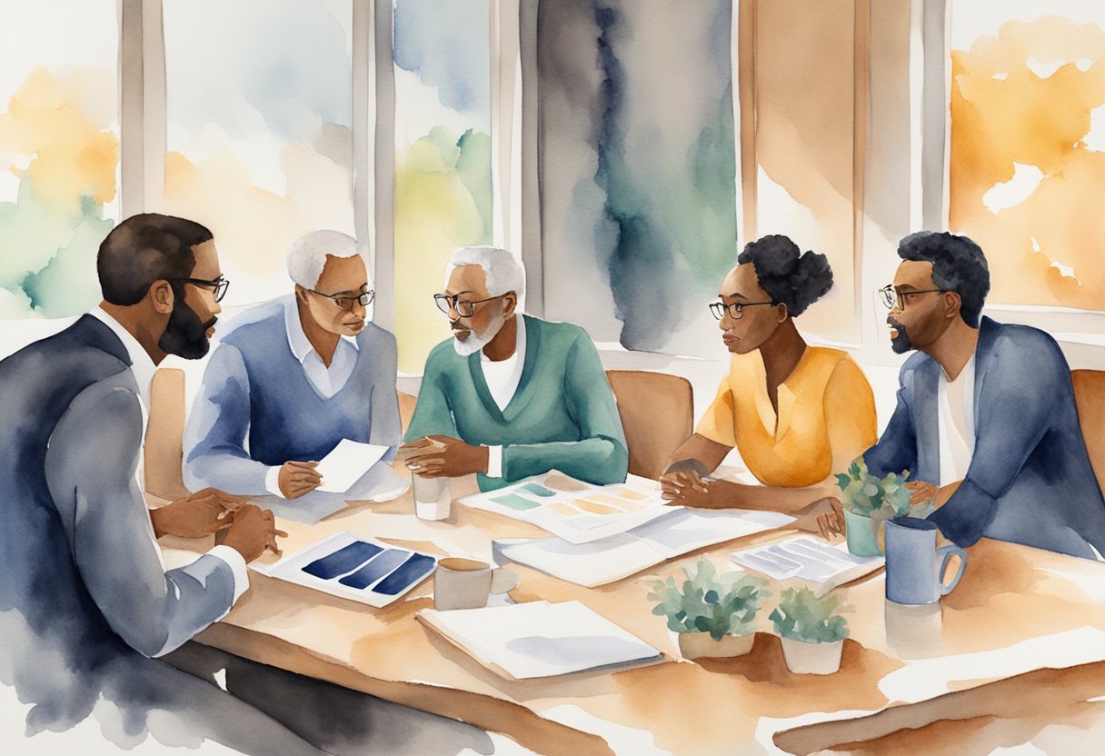 A group of diverse individuals gather around a table, engaged in deep discussion and collaboration, symbolizing the concept of a "Conclusion Personal Advisory Board."