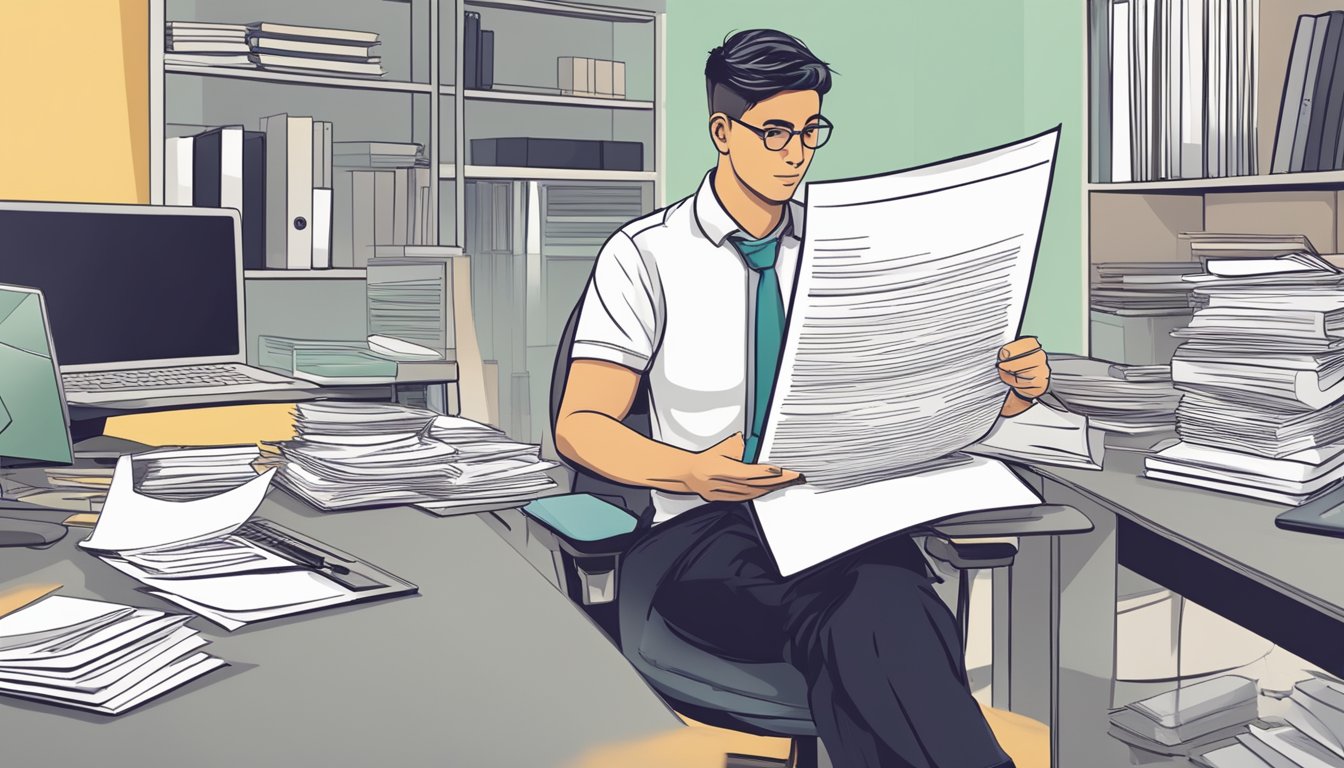 A person sitting at a desk, surrounded by paperwork and a computer, while holding a pen and looking at a document titled "Frequently Asked Questions dbs loan repayment singapore."