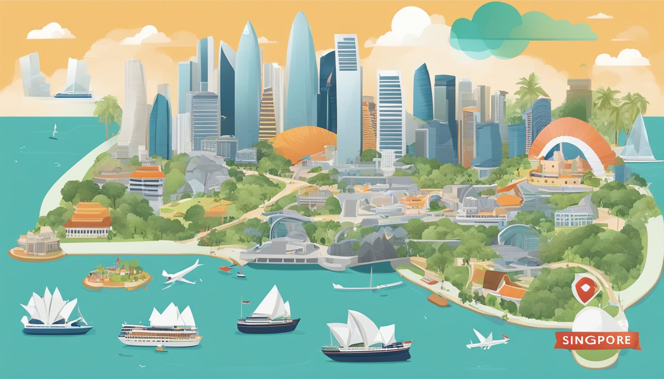A DBS Miles and Reward Points card hovers over a map of Singapore, with various landmarks and attractions highlighted