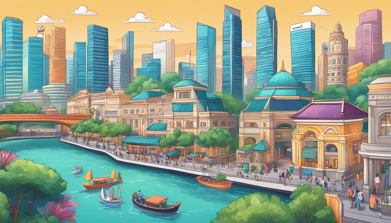 A vibrant cityscape with iconic landmarks and bustling shopping districts, showcasing the diverse lifestyle and rewards available through DBS miles redemption in Singapore