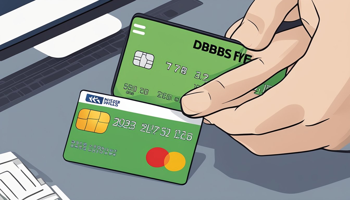 A hand holding a DBS credit card and a KrisFlyer membership card, with a computer screen showing the conversion of DBS points to KrisFlyer miles