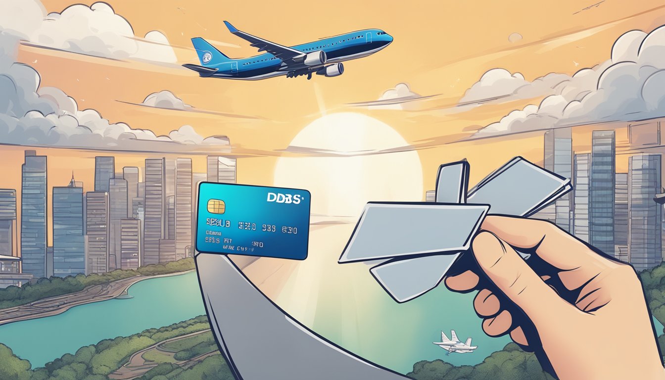 A hand holding a DBS credit card, with a plane flying in the background and KrisFlyer logo in the foreground