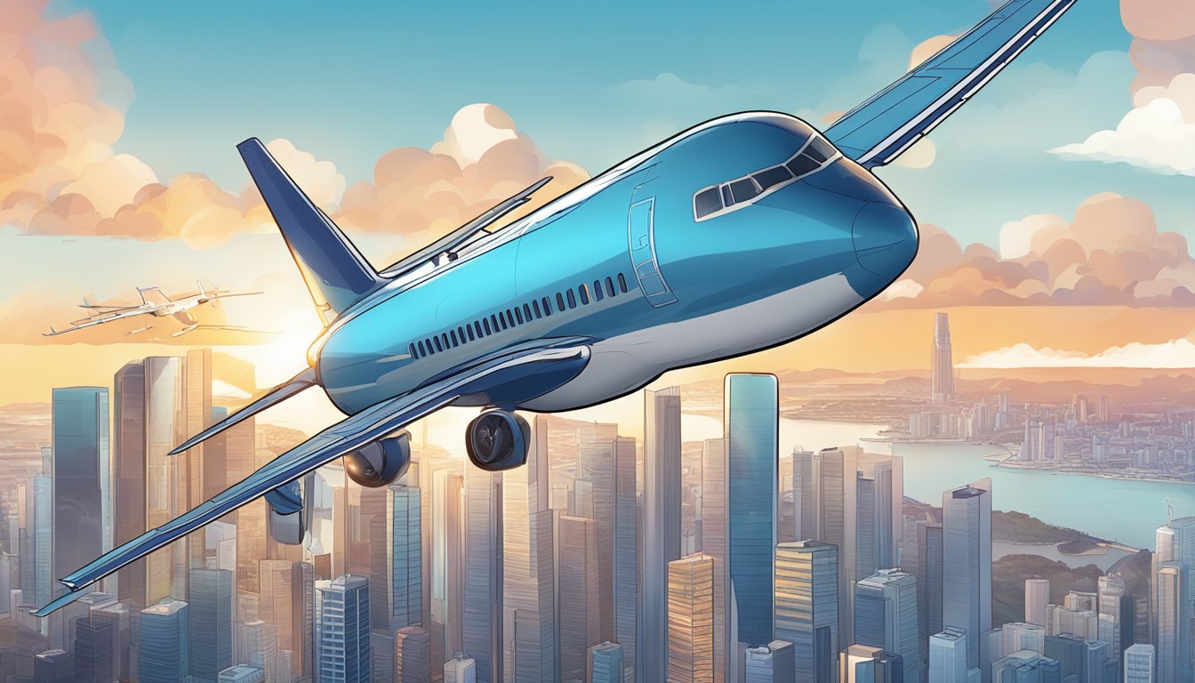 A plane flying over a city skyline with a dbs miles to krisflyer singapore logo displayed prominently