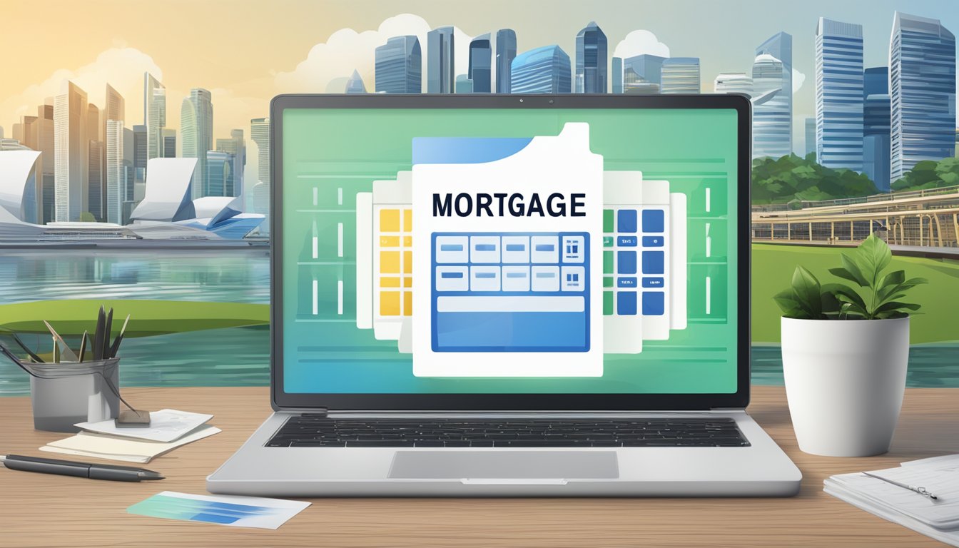 A laptop displaying a mortgage loan calculator with the Singapore skyline in the background