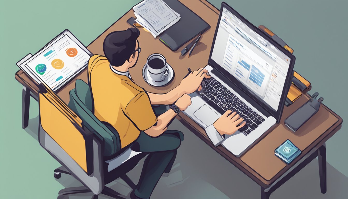 A person sits at a desk with a laptop, using a mortgage loan calculator. A DBS logo is visible on the screen