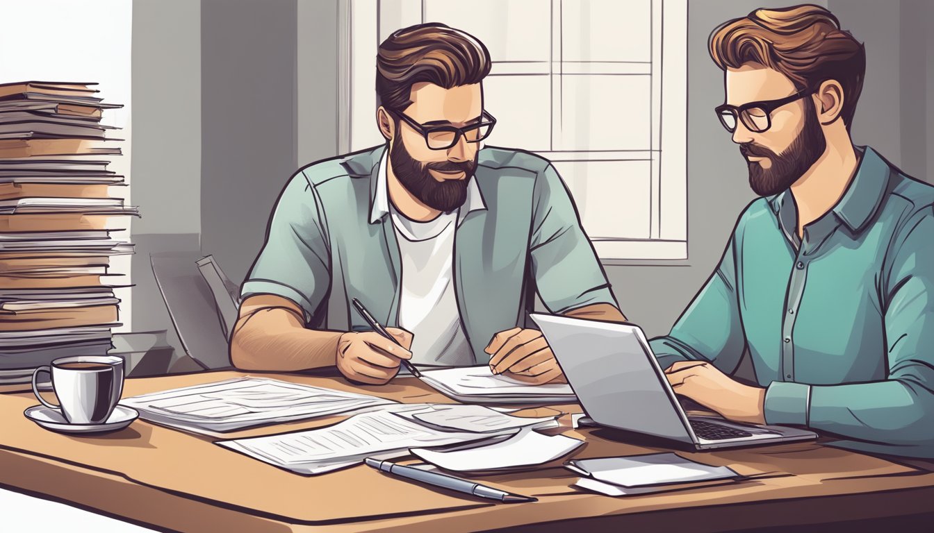 A couple sits at a table, using a laptop to calculate mortgage payments for a property purchase. A stack of papers and a pen are nearby, along with a calculator and a cup of coffee