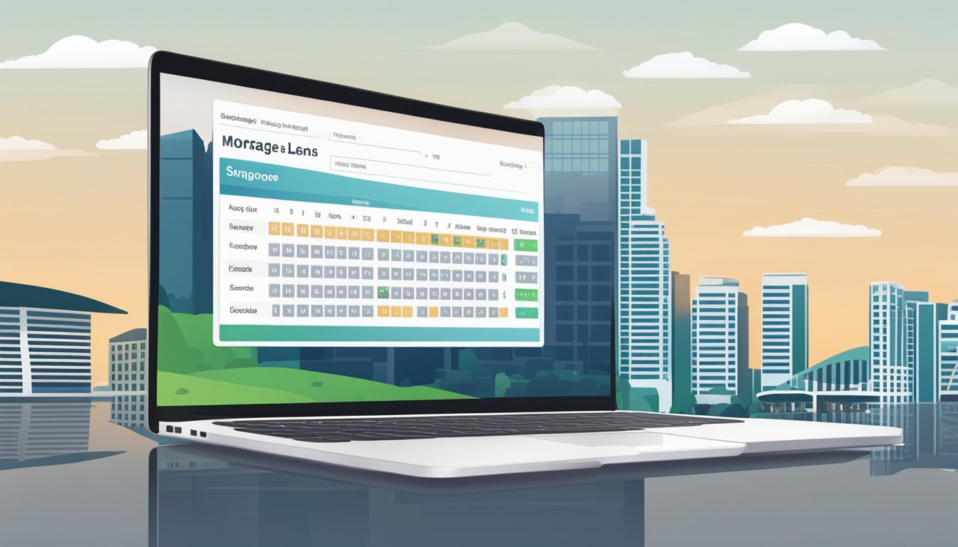 A laptop displaying a mortgage loan calculator with the Singapore skyline in the background