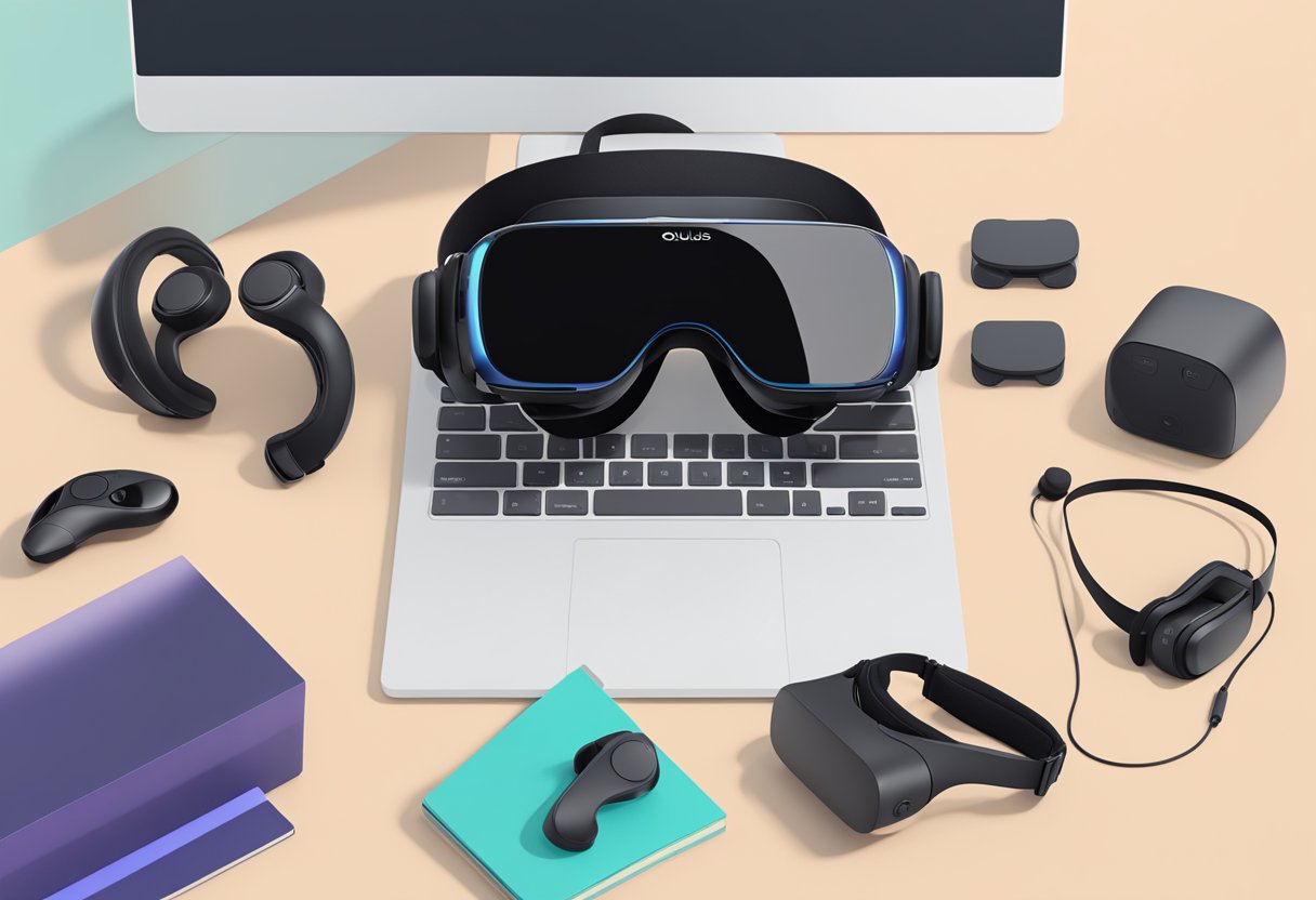 A sleek and modern VR headset sits on a clean, minimalist desk. The gear VR and Oculus Quest are side by side, highlighting their design and comfort features