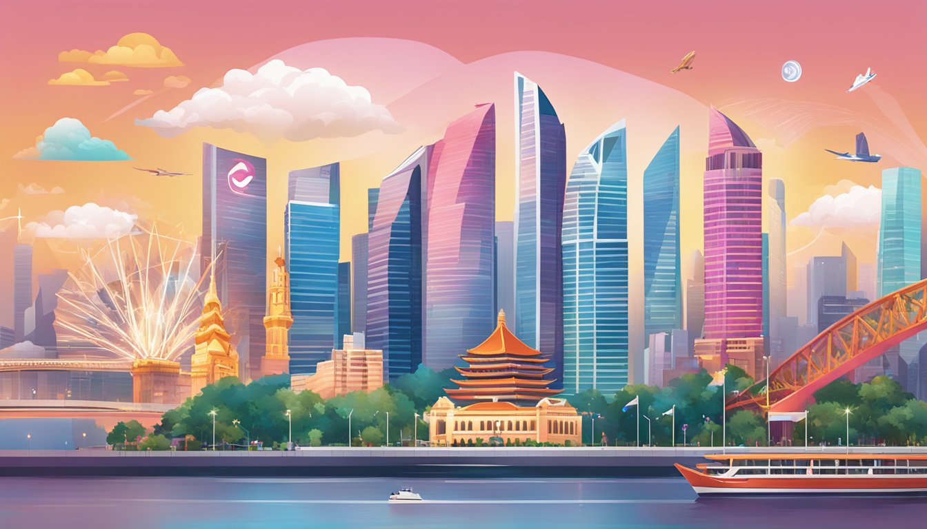 A vibrant cityscape with iconic Singapore landmarks, showcasing the DBS Multi-Currency Account logo prominently in the foreground