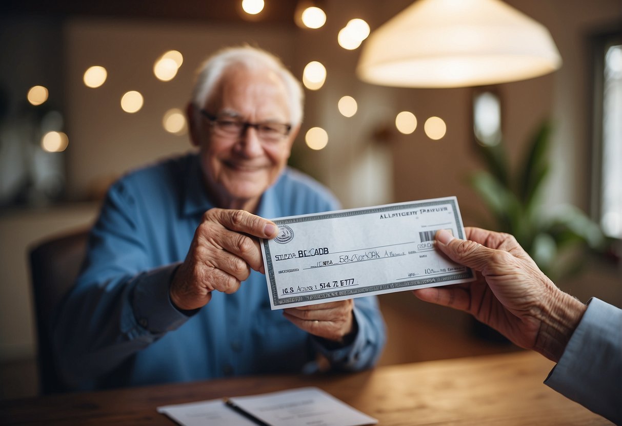 A senior hands over a check to a home care provider