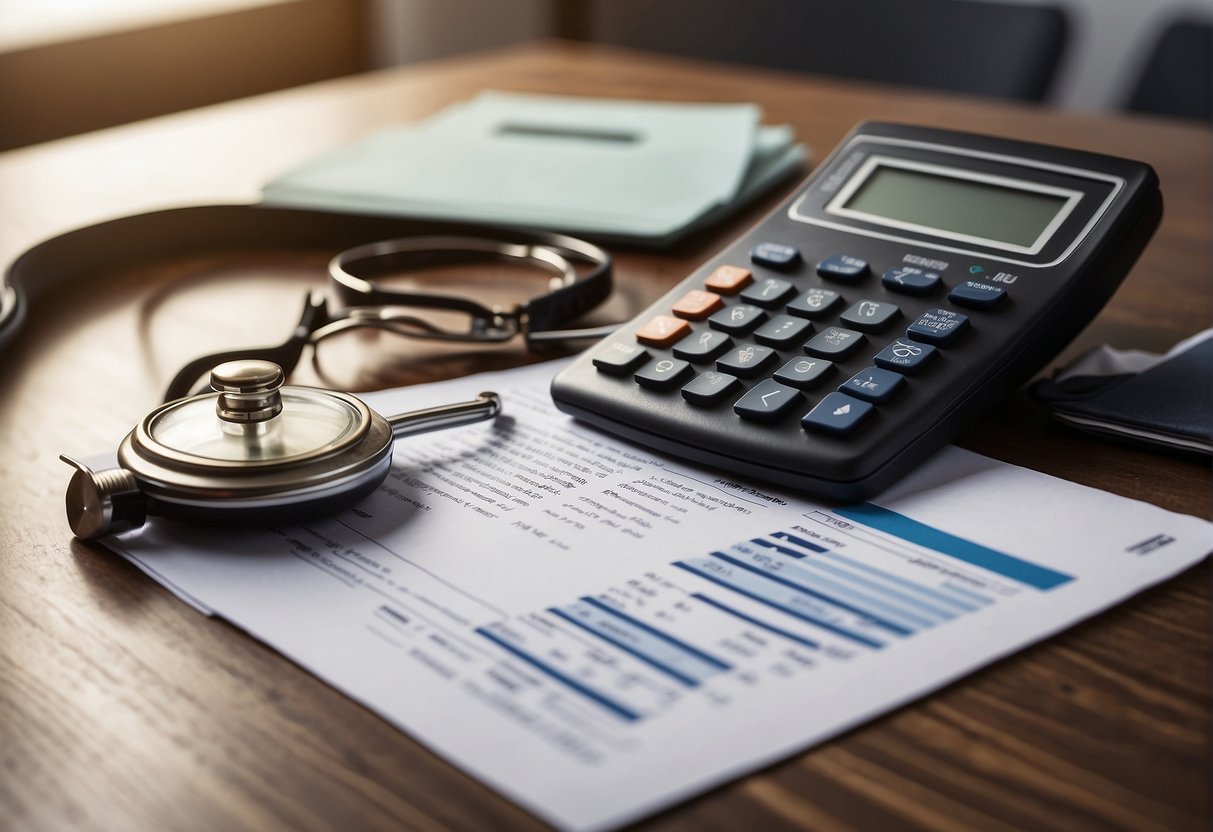 A senior home care bill lies on a table, surrounded by financial documents and a calculator, representing the cost and practical considerations