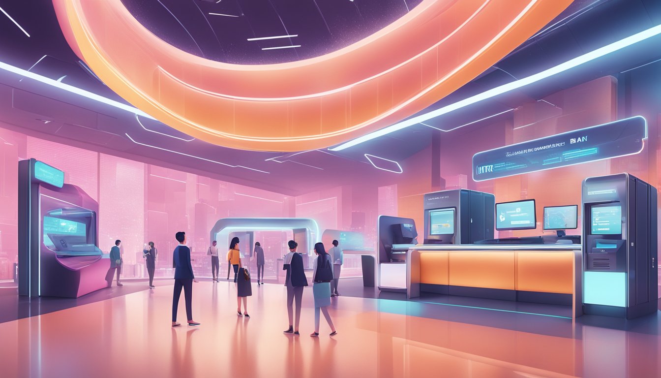 A futuristic bank with digital services, featuring a DBS multiplier of 100k in Singapore