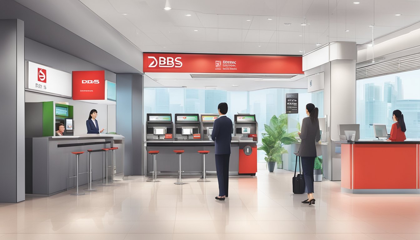 A modern bank branch in Singapore with the DBS logo prominently displayed, customers using self-service kiosks, and staff assisting clients with account inquiries