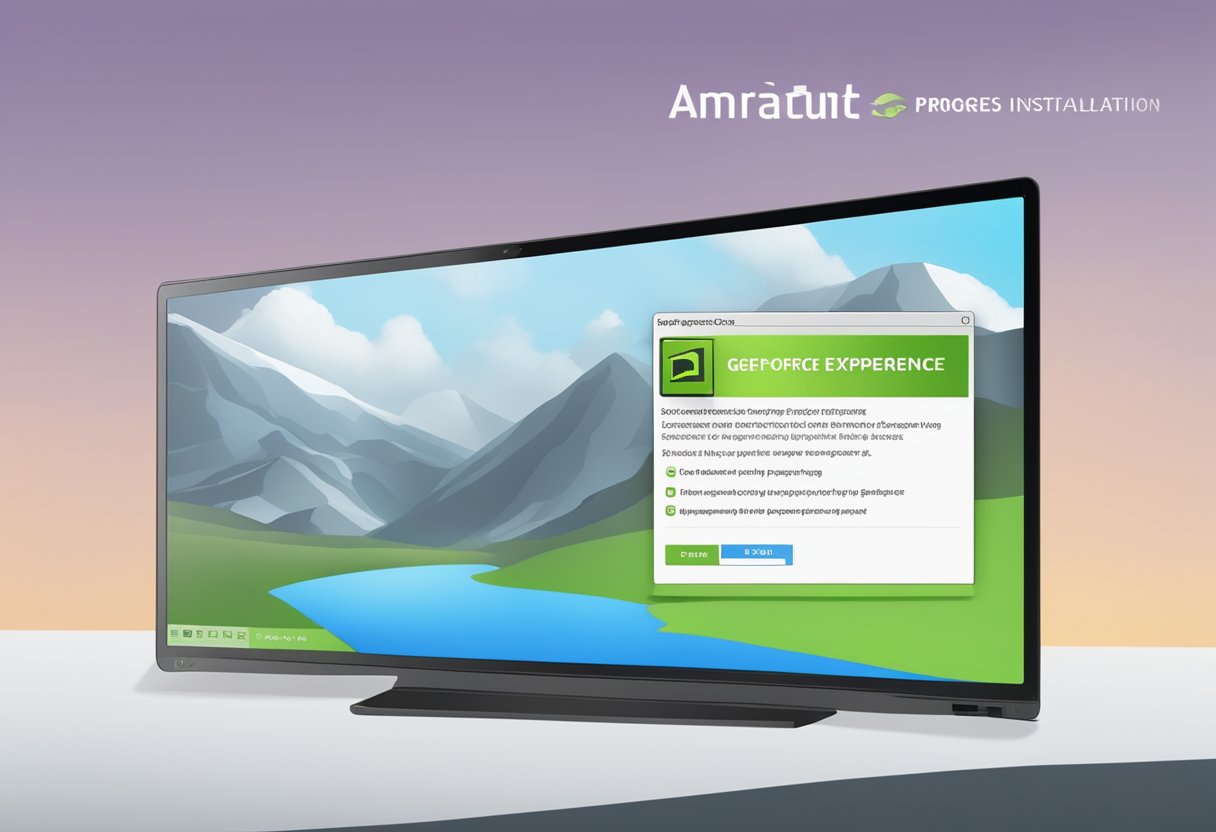 The computer screen displays a pop-up window with the error message "GeForce Experience Installation Error" while a progress bar indicates "preparing to install."
