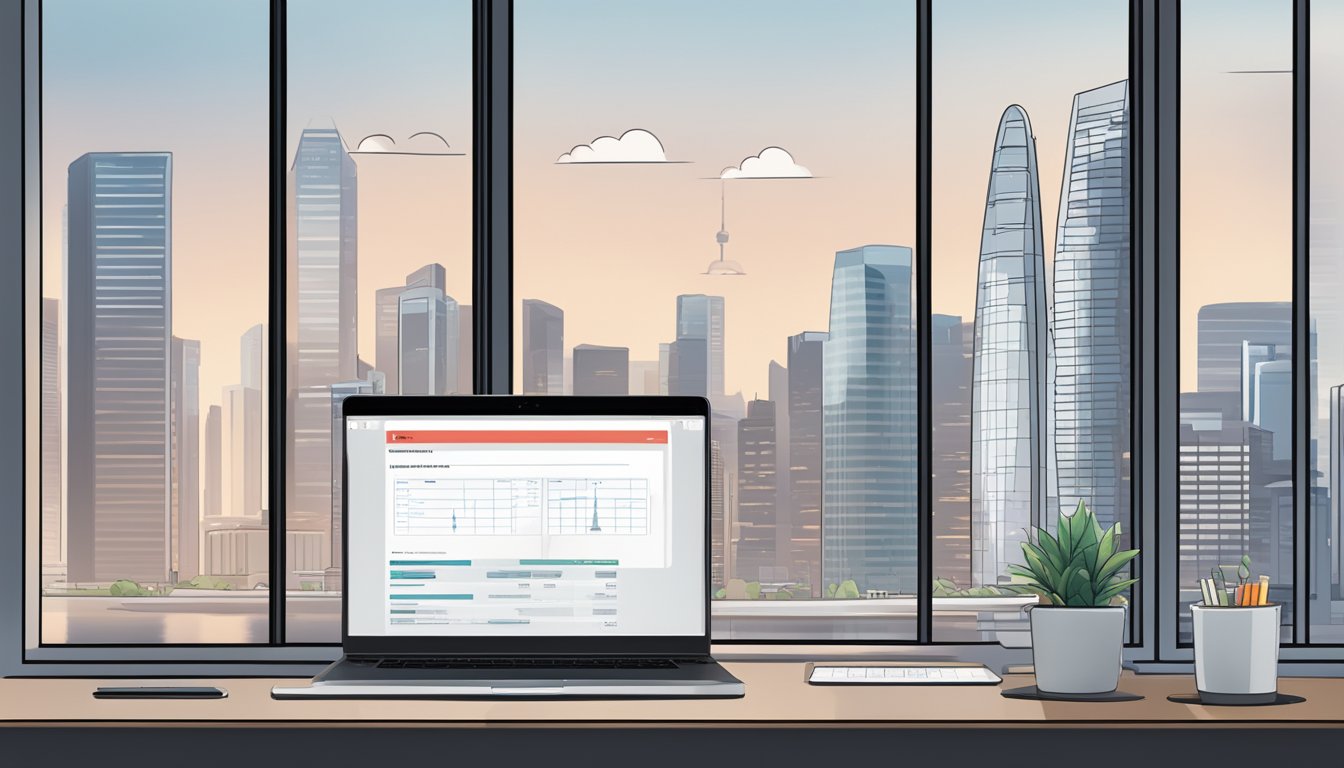 A laptop displaying the DBS Multiplier account homepage, with a calculator and pen nearby for calculations. The Singapore skyline visible through a window in the background