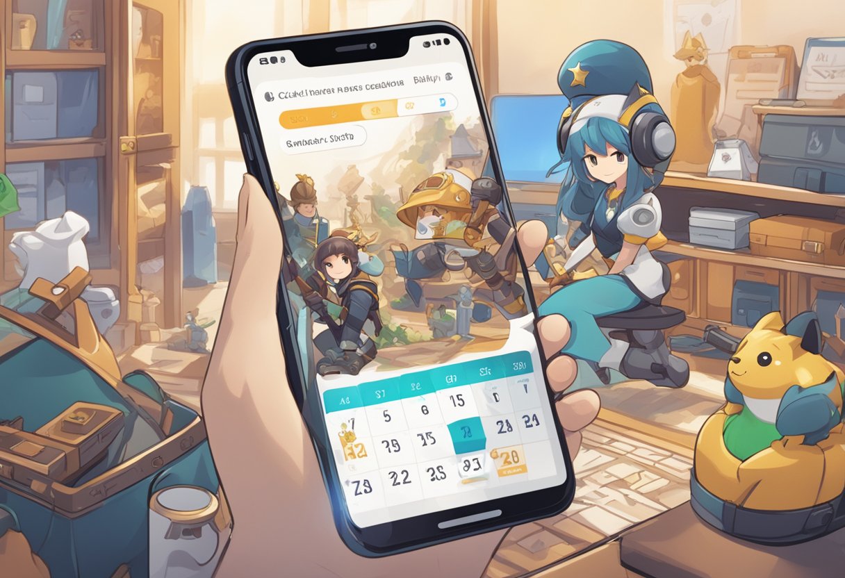 A smartphone displaying the Genshin Impact daily check-in screen with calendar and rewards, surrounded by game-related items like character figures and a controller