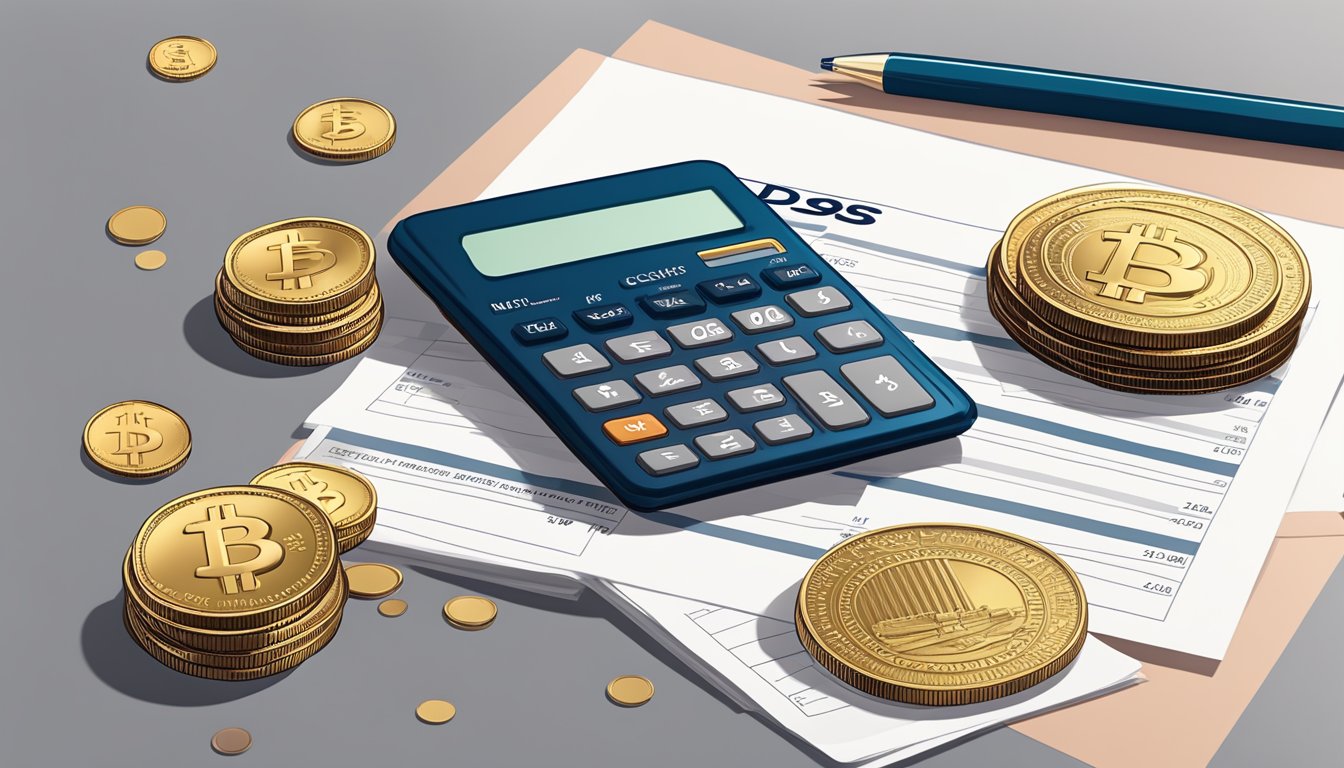 A stack of coins and a calculator sit on a desk next to a bank statement showing the DBS Multiplier Account with a minimum balance requirement