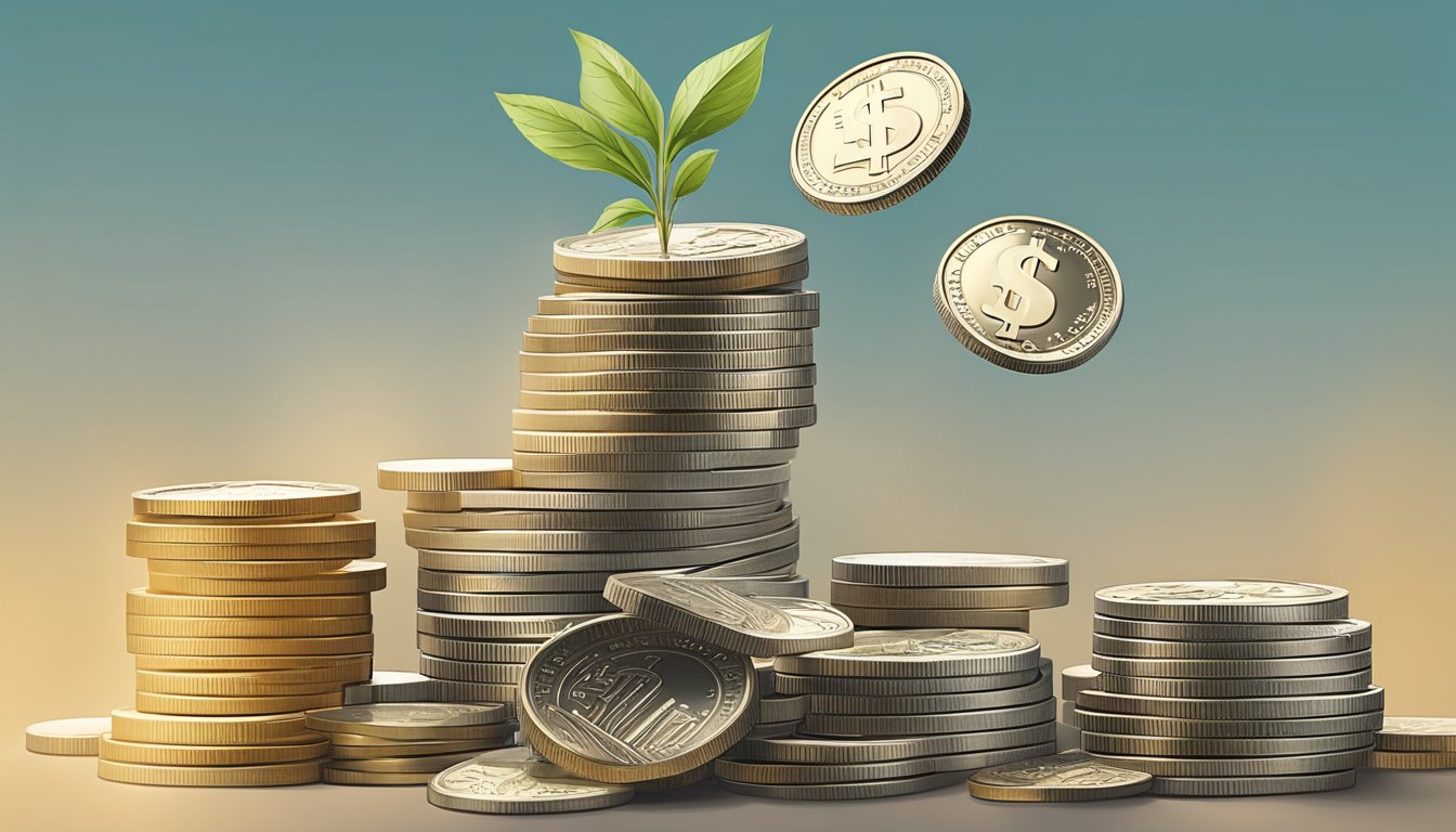 A stack of coins and dollar bills grow larger as a scale tips in favor of savings, with a DBS Multiplier account and a minimum balance requirement highlighted in Singapore