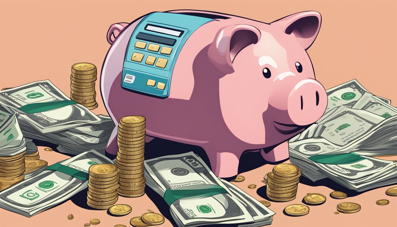 A piggy bank overflowing with coins and dollar bills, surrounded by a stack of financial documents and a calculator