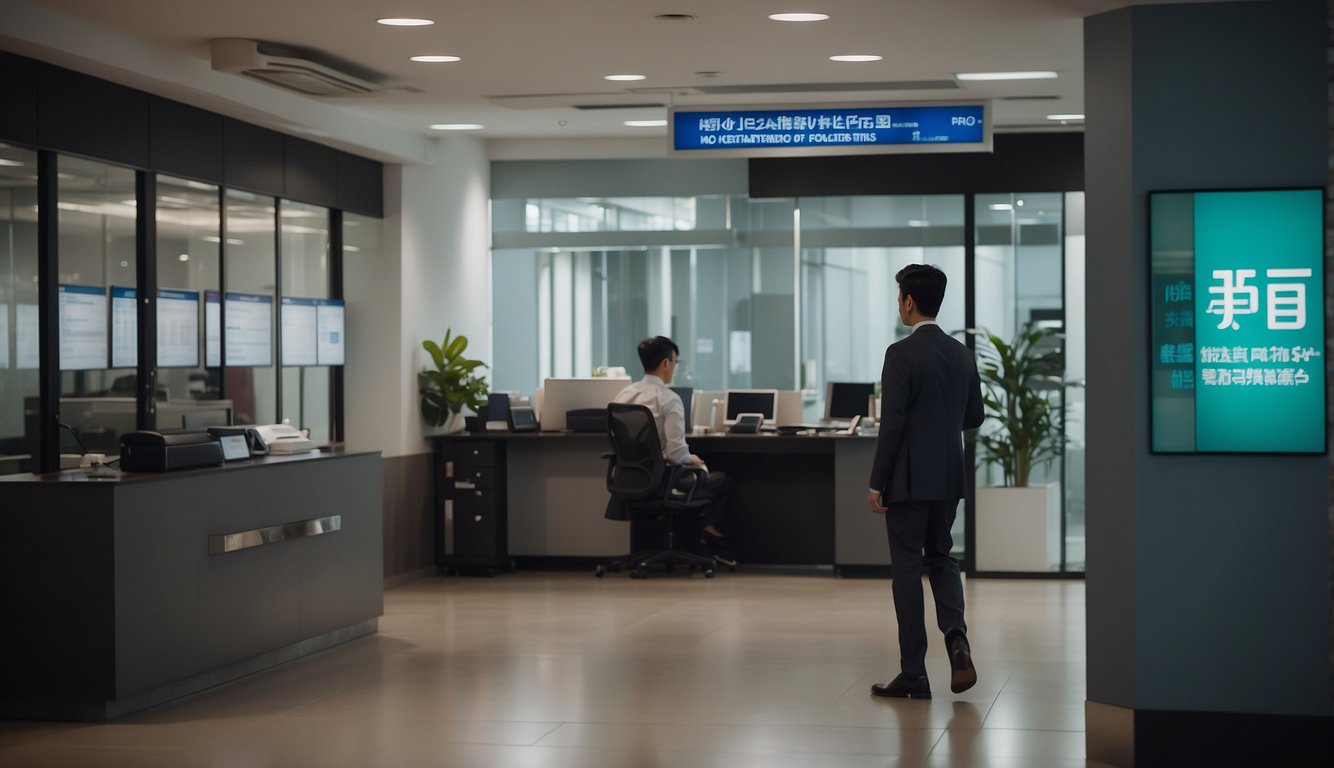 A foreigner approaches a money lender's office in Singapore, with a sign displaying services and requirements. The lender sits behind a desk, processing paperwork