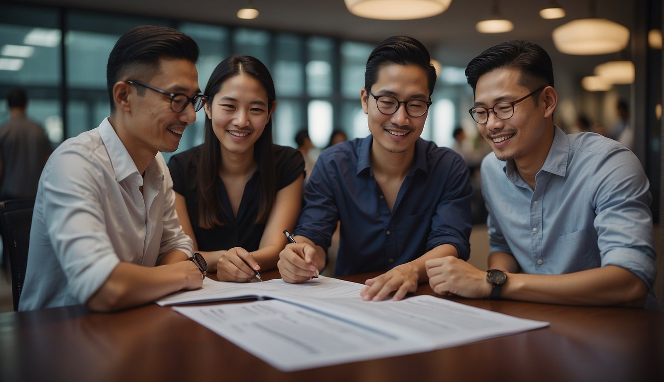 A group of diverse individuals reviewing documents and discussing foreigner eligibility criteria for money lending in Singapore