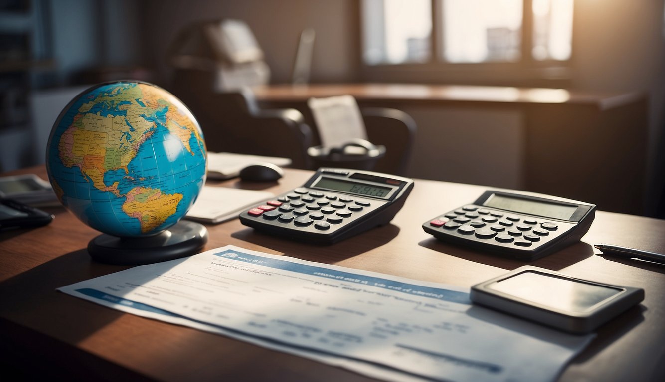 A desk with various loan documents, a calculator, and a globe. A sign with "Types of Loans Available for Foreigners: Everything You Need to Know" displayed prominently