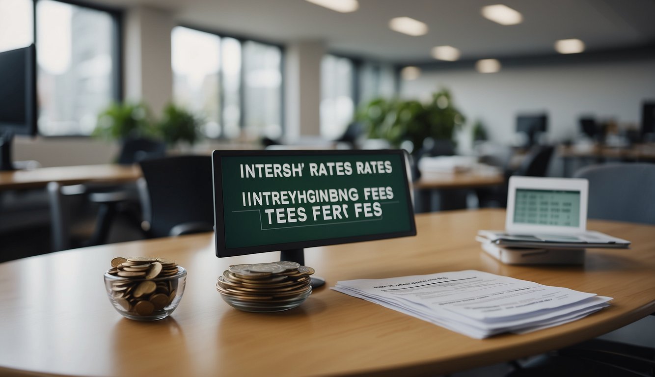 A money lender's sign displays "Interest Rates and Fees: everything you need to know" in bold letters. Tables and chairs fill the office, with paperwork scattered about