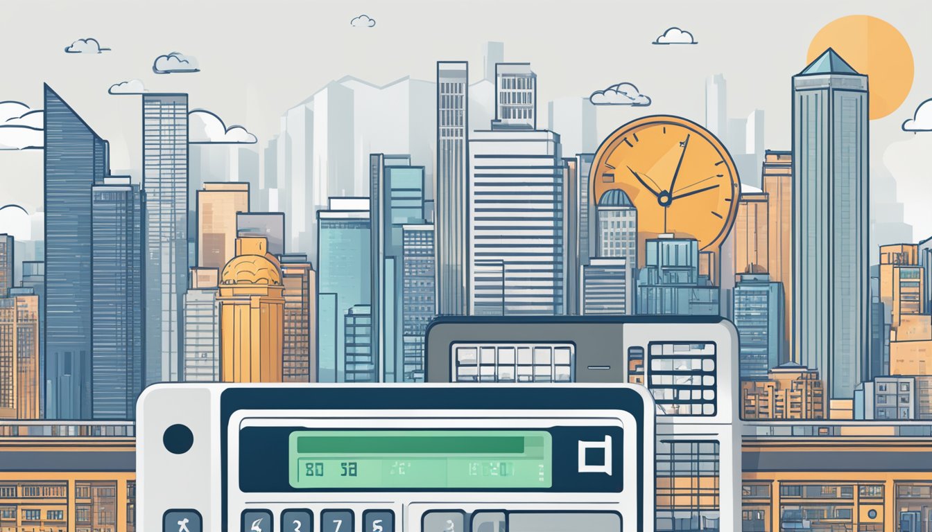 A calculator displaying "Maximising Your Savings" with the DBS Multiplier logo and Singapore skyline in the background